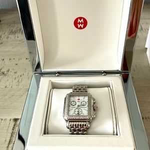 Michelle Deco 18mm luxury silver diamond watch with mother-of-pearl face.